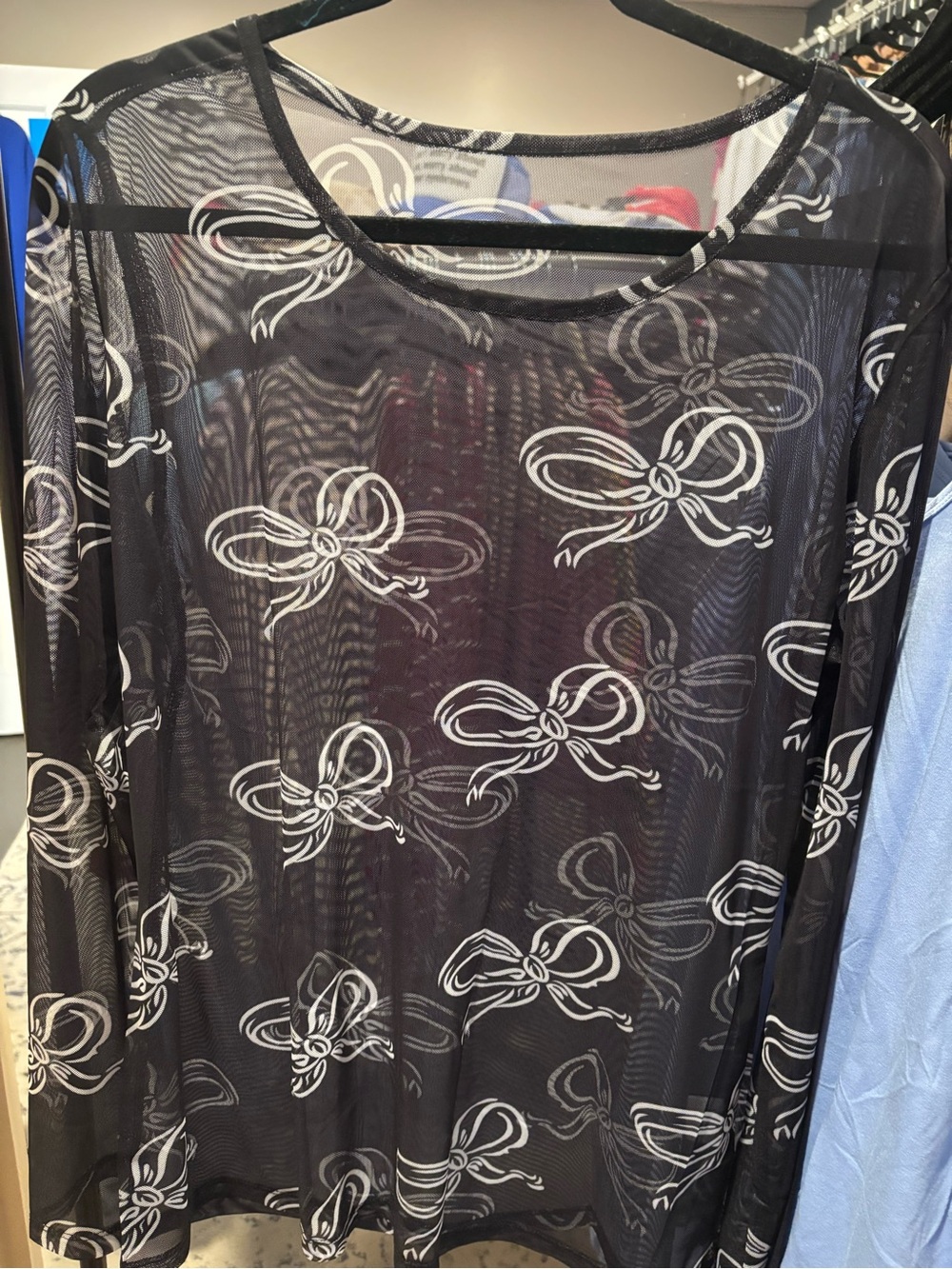 Elle Black Sheer Long-Sleeve Top with White Bow Print